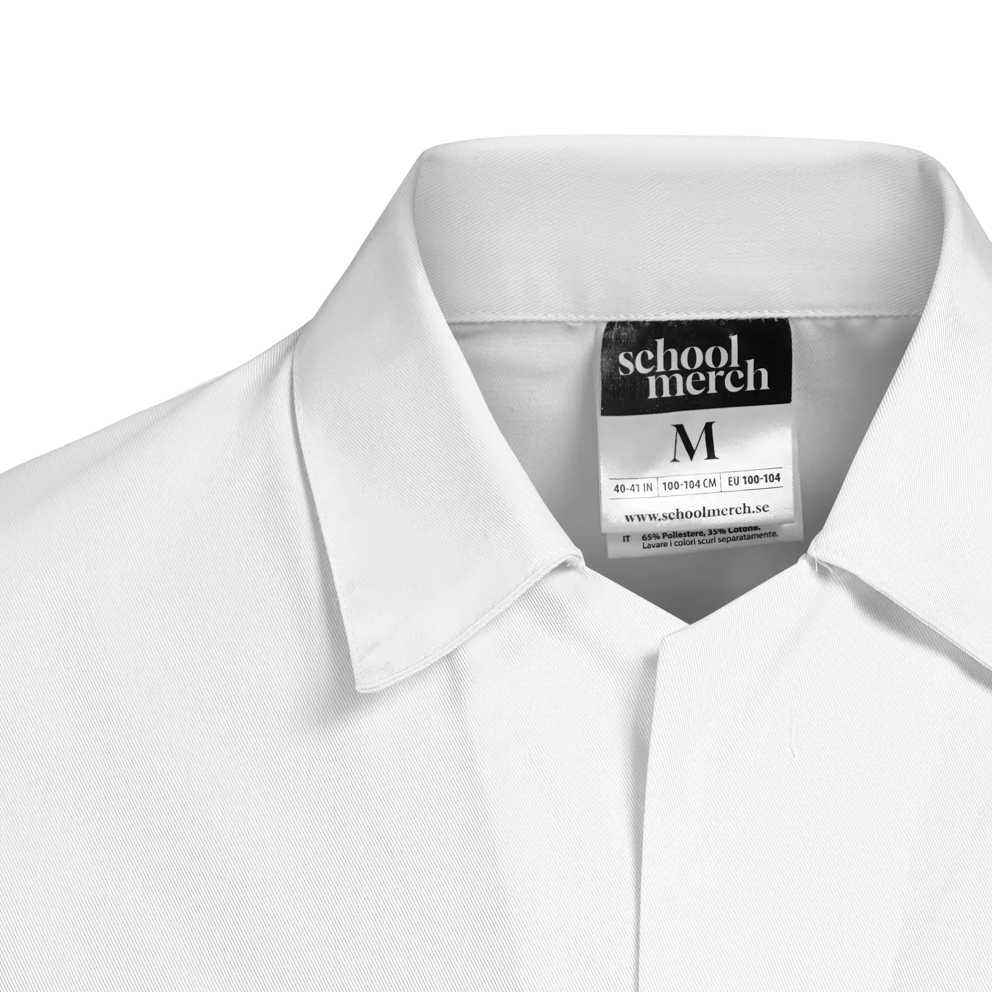 Nackdetalj på vit studentoverall – bekväm passform och finish